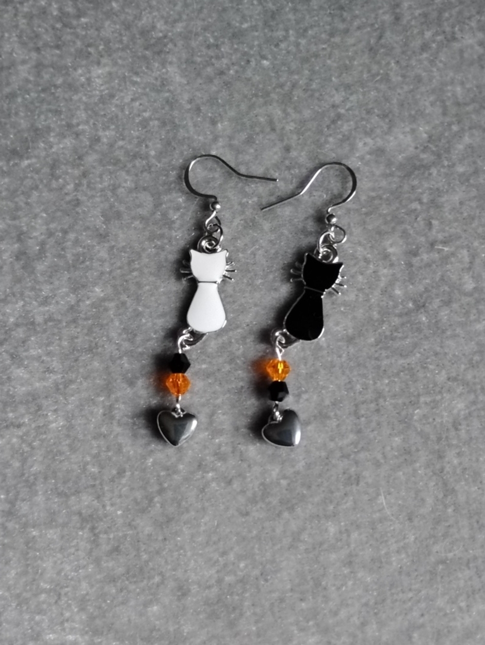 Hand Crafted Ying Yang Cat Earrings with Crystal & Heart Charm